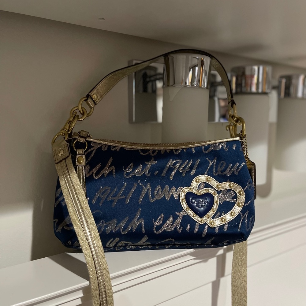 Coach Poppy New York Script Lurex Canvas Baguette